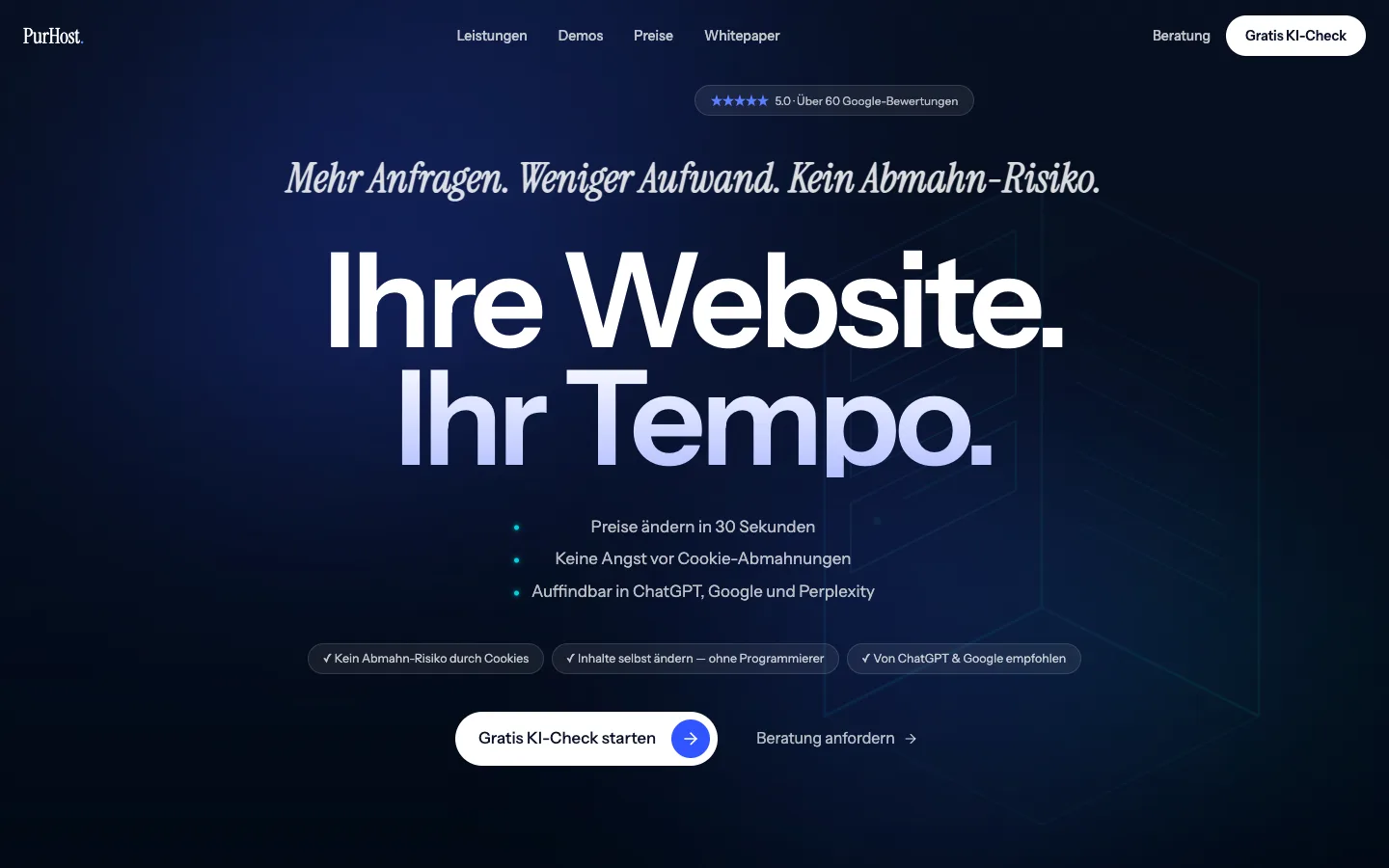 Startseite des realisierten Webprojekts PurHost