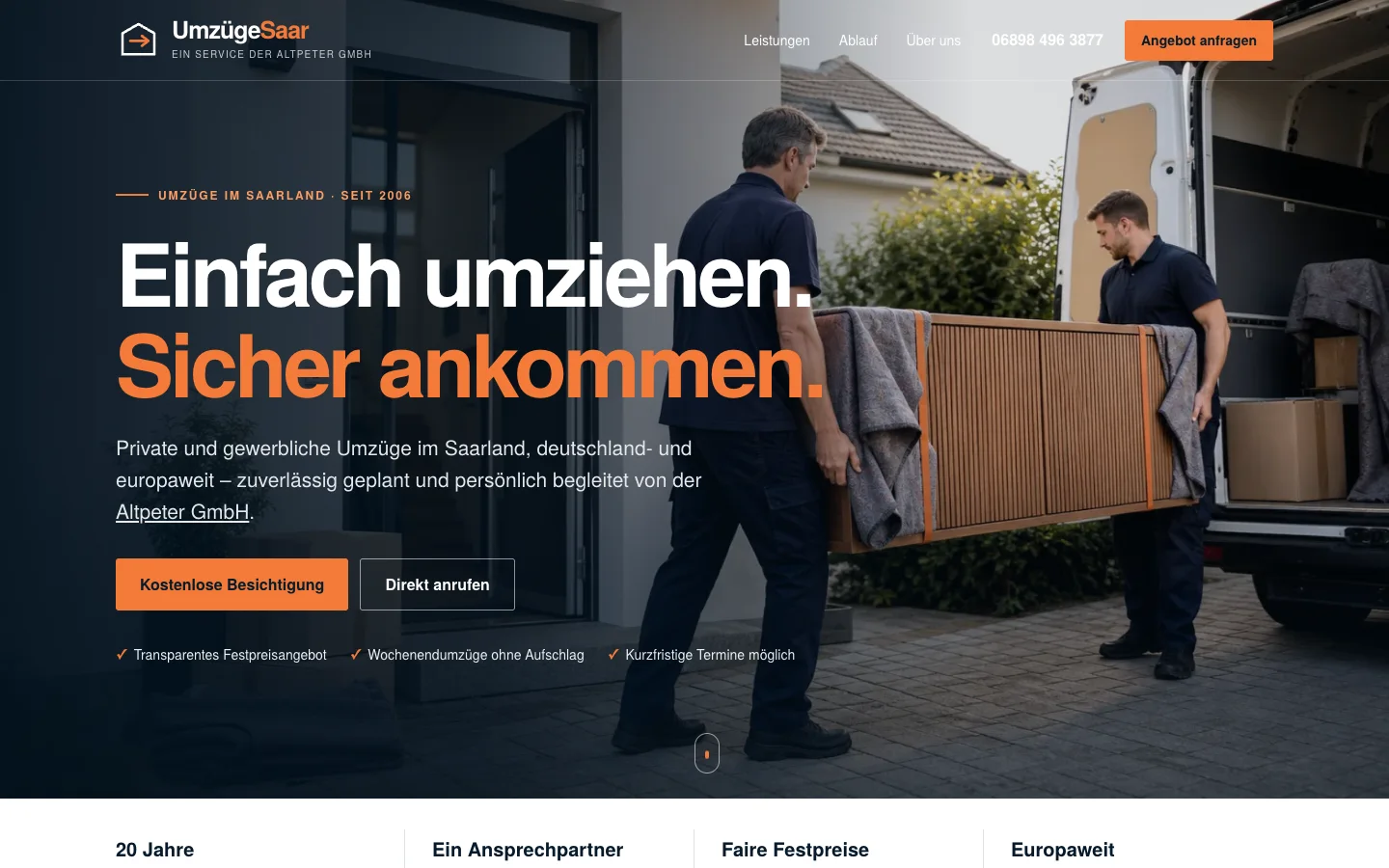 Startseite des realisierten Webprojekts Umzüge Saar